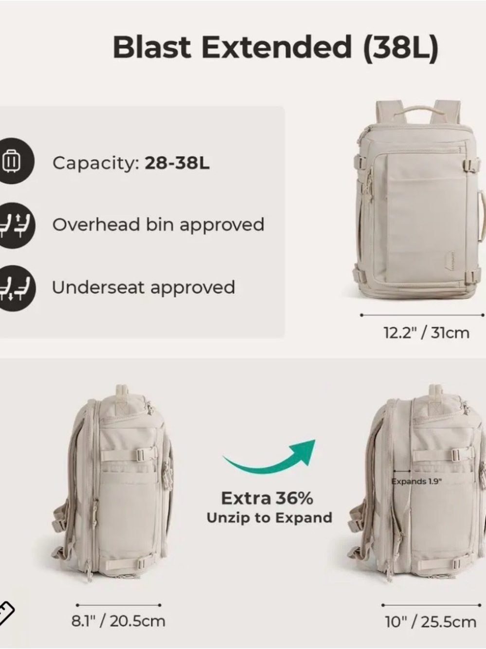 Bagsmart Blast Expandable Travel Backpack 28L 38L Carry On Laptop Bag NWT - Picture 5 of 7